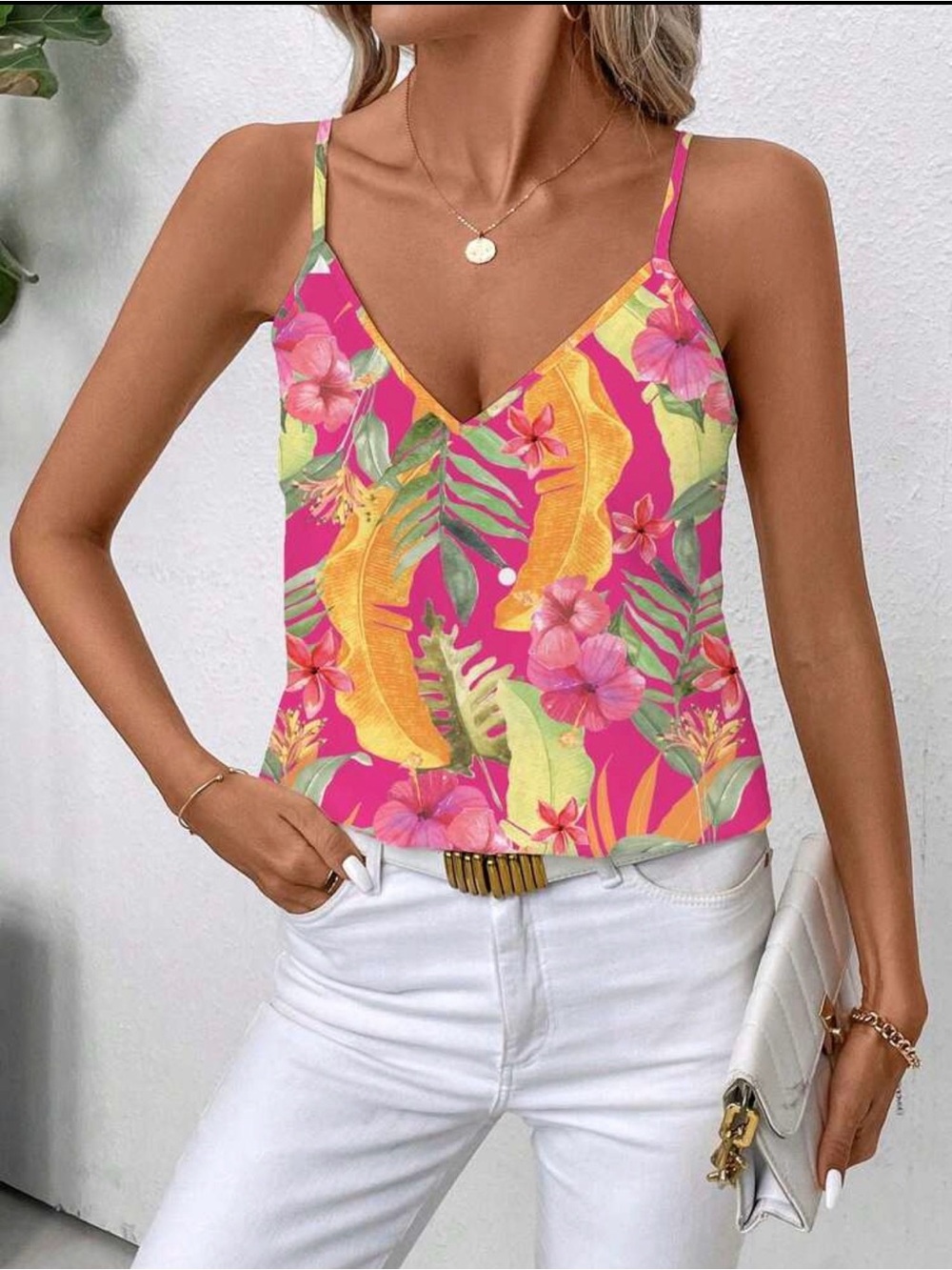 Floral V-Neck Adjustable Spaghetti Straps Tank Top - Pink Multi